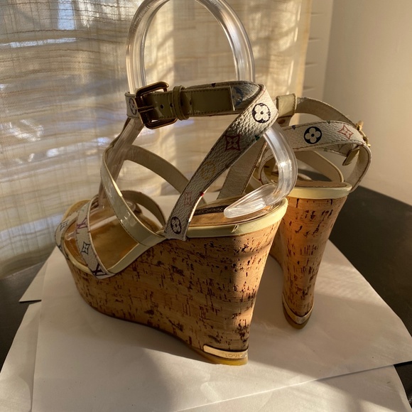 Louis Vuitton cork platform wedges multi-color Murakami leather  heels 38.5 - Picture 3 of 9